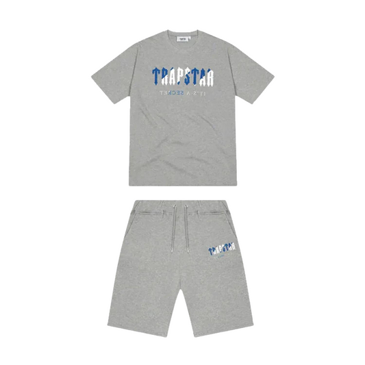 Trapstar Chenille Decoded Short Set - Grey/Blue & White